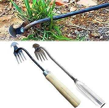 Photo 1 of 2 Pieces Garden Weeding Rake, New Sharp and Durable with Root Weeding Tool for Home Garden Shovel, Backyard Loosening Farm Planting Weeding. (11.8 inch Iron + Wood Handle)