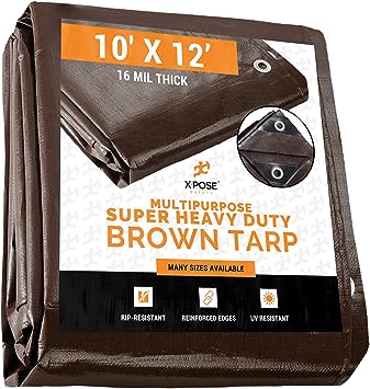 Photo 1 of 10' x 12' Super Heavy Duty 16 Mil Brown Poly Tarp Cover - Thick Waterproof, UV Resistant, Rip and Tear Proof Tarpaulin with Grommets and Reinforced Edges - by Xpose Safety