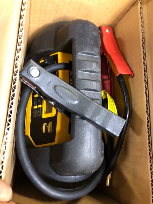 Photo 2 of DEWALT DXAEJ14 Digital Portable Power Station Jump Starter: 1400 Peak/700 Instant Amps, 120 PSI Digital Air Compressor, 3.1A USB Ports, Battery Clamps , Yellow