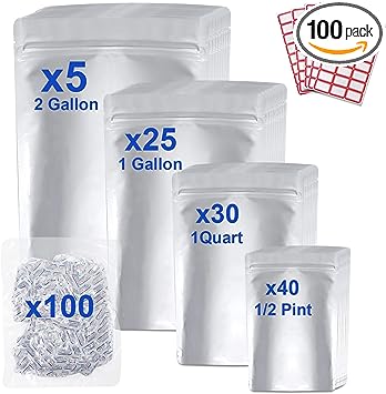 Photo 1 of  Food Storage Bags with Oxygen Absorbers 300CCx100 and Stickers, 5"x7" (40pcs) 7"x10" (30pcs) 10"x14" (25pcs)14"x20" (5pcs) Stand-Up Resealable Bag Heat Sealable for Long Term Food Storage