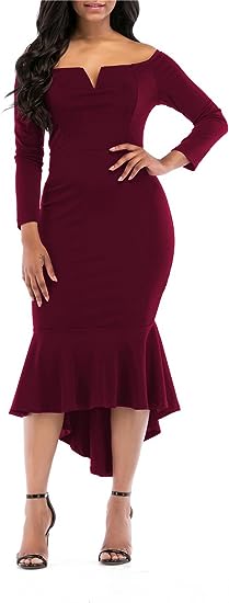 Photo 1 of 3xl onlypuff Fishtail Dresses for Women Midi Bodycon Dress Long Sleeve V Neck Cocktail Dress