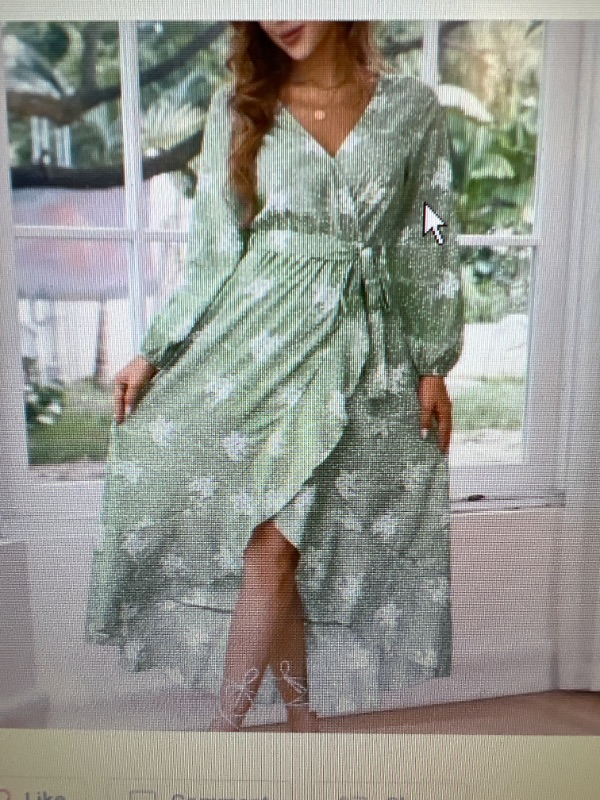 Photo 1 of size small Boho Floral Lantern Sleeve Ruffle Trim Wrap Belted Dress Green