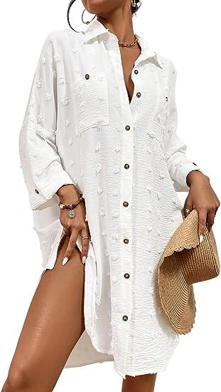 Photo 1 of Bsubseach Women Swimsuit Coverup Blouse Button Down Shirt Dresses Swiss Dot Tops one size 