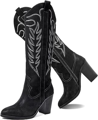 Photo 1 of ANYANAMZ Women's Cowboy Knee High Boots, Western Boots Cowgirl Boots for Women, Pointed Toe Chunkey Heel Black Women's Boots.size 40