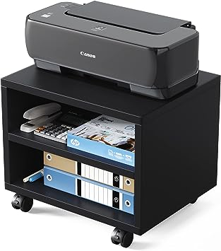 Photo 1 of Deoxuefo Printer Stand with Storage - Wood Under Desk Printer Table with Wheels 15.7x11.8x14 Inch, 2 Tier Small Black Rolling Printer Cart for Home, Office, Scanner, Fax, Computer