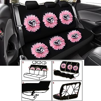 Photo 2 of 15 Pcs Pink Flowers Dog Paw Sunflower Car Seat Covers Full Set for Women Rubber Steering Wheel Cover Armrest Cover Seatbelt Covers Polyester Fabric Front Seat Rear Backrest Bottom Cover Universal