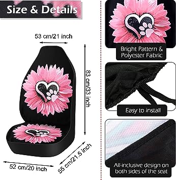 Photo 3 of 15 Pcs Pink Flowers Dog Paw Sunflower Car Seat Covers Full Set for Women Rubber Steering Wheel Cover Armrest Cover Seatbelt Covers Polyester Fabric Front Seat Rear Backrest Bottom Cover Universal