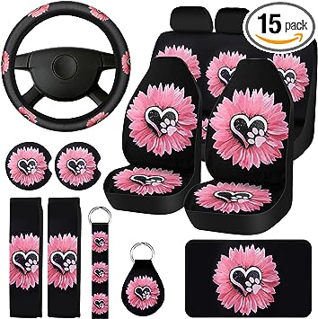 Photo 1 of 15 Pcs Pink Flowers Dog Paw Sunflower Car Seat Covers Full Set for Women Rubber Steering Wheel Cover Armrest Cover Seatbelt Covers Polyester Fabric Front Seat Rear Backrest Bottom Cover Universal