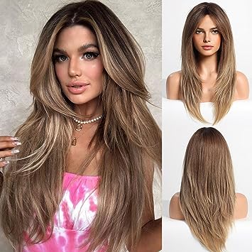 Photo 1 of HAIRCUBE Ombre Brown Wigs with Bangs,Brown Long Layered Wig for Women,Shoulder Length Synthetic Wigs for Daily Party 24IN