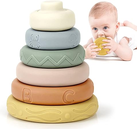 Photo 1 of BOBXIN Stacking & Nesting Rings Toy, Soft Circle Stacker, 6 pcs Building Stacker,Teethers for Baby, Squeeze Play with Letter, Animal and Graphic, Toddler Learning Toys for 6 Month Old Boys Girls