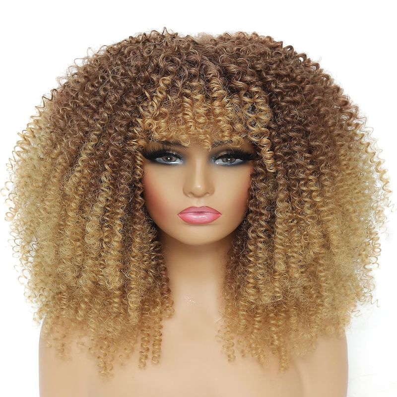 Photo 1 of JStineke Curly-Wig-with-Bangs Curly-Afro-Wigs-for-Black-Women Big-Afro-Wig Glueless-Kinky-Curly-Wig Synthetic-Hair-Replacement-Wigs (16 Inch, brown ombre blonde)