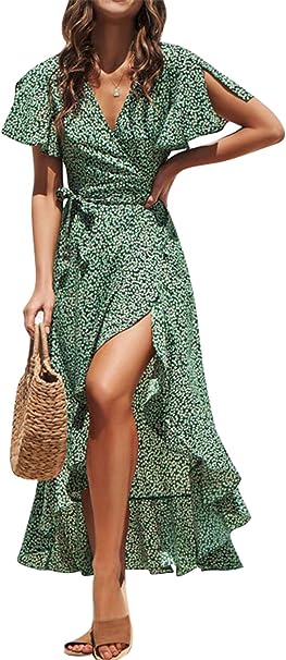 Photo 1 of Miessial Women's Summer Chiffon V Neck Ruffle Maxi Dress Polka Dot Long Beach Wrap Dress SIZE 6-8
