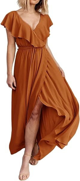 Photo 1 of BerryGo Women's 2023 Summer Casual Ruffle Wrap Maxi Dress Formal Short Sleeve Deep V Neck Flowy Bridesmaid Long Dress SIZE M 
