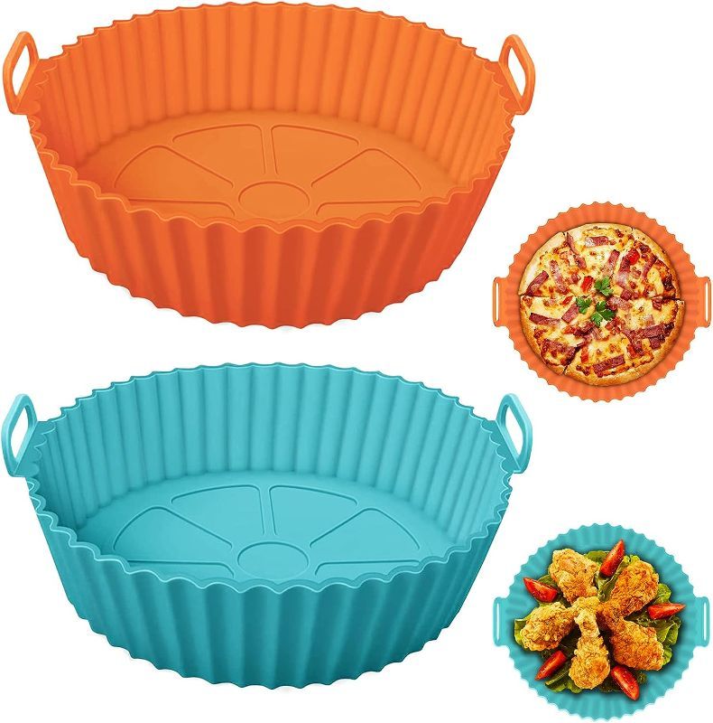 Photo 1 of 2 Pack Silicone Air Fryer Liners, 8 Inch Reusable Air Fryer Silicone Pot Round Air Fryer Silicone Basket for 3.5 to 7 QT for Baking Oven Microwave Accessories (Orange+Blue)
