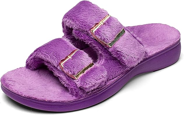 Photo 1 of SOLLBEAM Womens Fuzzy House Slippers Open Toe with Cozy Lining Arch Support Orthotic Heel Cup sandals SIZE 6 
