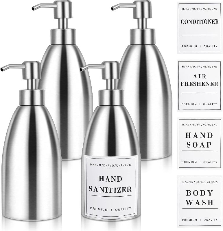 Photo 1 of 4 Pieces Stainless Steel Countertop Soap Dispenser 16.9 Oz Rust and Leak Proof Liquid Soap Pump Bottle with 12 Pcs Waterproof Soap Labels Shampoo Dispenser for Kitchen Sink Bathroom Hand Dish Lotion
