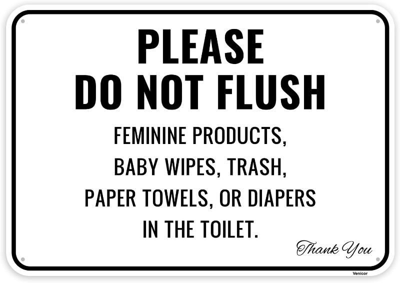 Photo 1 of 1PC Do Not Flush Sign for Bathroom, 10 x 7 Inches - Aluminum - Do Not Flush Feminine Hygiene Products, Wipes, Trash, Paper Towels, Diapers - Flush Toilet Paper Only Sign - Bathroom Etiquette
