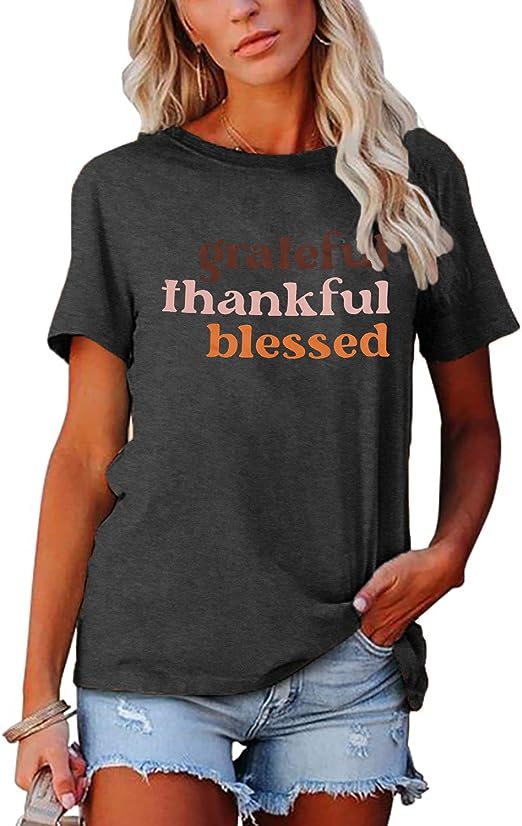 Photo 1 of FASHGL Grateful Thankful Blessed Shirt Women Funny Letter Print Short Sleeve Tops Fall Shirts Thanksgiving Tees SIZE M 
