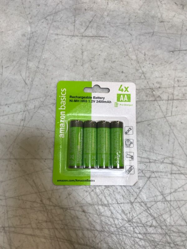 Photo 1 of Amazon Basics 4-Pack Rechargeable AA NiMH High-Capacity Batteries, 2400 mAh, Recharge up to 400x Times, Pre-Charged 4 Count (Pack of 1)
