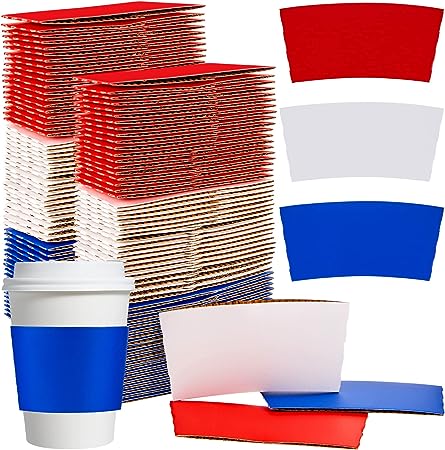 Photo 1 of 120 Pieces 4th of July Iced Coffee Cup Sleeves Coolers Sleeves 12-16oz Red White Blue Patriotic Cup Sleeves Bulk Independence Day Ice Insulated Disposable Cup Paper Jacket for Parties, Events