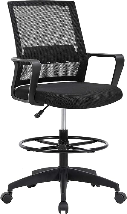 Photo 1 of Drafting Chair Tall Office Chair Adjustable Height with Lumbar Support Arms Footrest Mid Back Desk Chair Swivel Rolling Mesh Computer Chair for Adults Standing Desk Drafting Stool(Black)