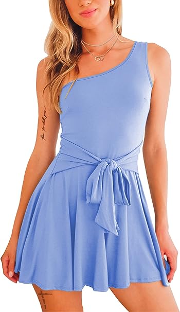 Photo 1 of LARGE EXLURA Womens Summer One Shoulder Sleeveless Tie Back Rompers A-Line Flowy Wide Leg Casual Short Mini Dressy Jumpsuits