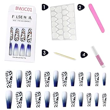 Photo 2 of 24Pcs Leopard Press on Nail Long Length, Fake Nail Square Shape Glue on Nails Gradient Blue Design Full Cover False Nails for Nail Salon Artificial Nails, Glossy Finish, Manicure Decor