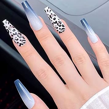 Photo 1 of 24Pcs Leopard Press on Nail Long Length, Fake Nail Square Shape Glue on Nails Gradient Blue Design Full Cover False Nails for Nail Salon Artificial Nails, Glossy Finish, Manicure Decor