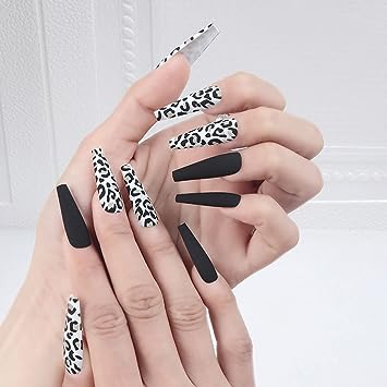 Photo 1 of 24Pcs Press on Nail Long Length,Fake Nail Square Shape Matte Black Leopard Design Full Cover Luxury False Nail for Women Acrylic Nail Tips Artificial Nails for DIY Nail Art Salon