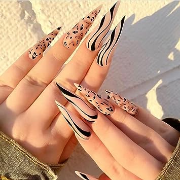 Photo 1 of 24Pcs Leopard Press on Nail Long Length ,Fake Nail Pointed Almond Shape False Nail Black Line Leopard Print Luxury Design False Nail Full Cover Cute Fake Nails Manicure Tip