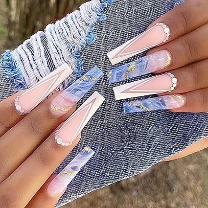 Photo 1 of 24pcs Luxury French Nude Blue Ballerina Flash Diamond Acrylic Long Glossy Coffin Flash Fake Nails Press on Nail Full Cover Artificial False Nails with Glue for Women and Girls