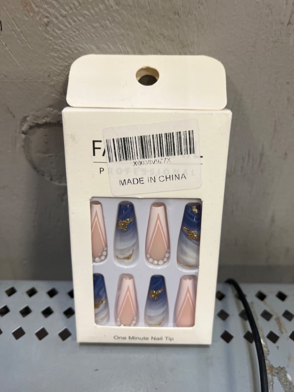 Photo 2 of 24pcs Luxury French Nude Blue Ballerina Flash Diamond Acrylic Long Glossy Coffin Flash Fake Nails Press on Nail Full Cover Artificial False Nails with Glue for Women and Girls