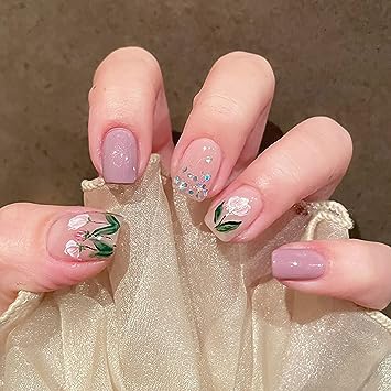Photo 1 of 24Pcs Flower Press on Nail Summer Fake Nail Short Length ,Tulip Flower with Glitter Sequins Design Full Cover Cute False Nails for Women Girls Manicure Tips (green)