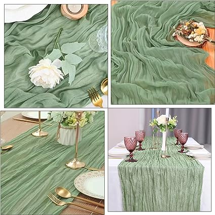 Photo 1 of  Pack 10Ft Sage Green Cheesecloth Table Runner 35x120 Inch Boho Gauze Table Runner Rustic Cheese Cloth Long Table Runner for Wedding Baby Bridal Shower Birthday Party Decorations