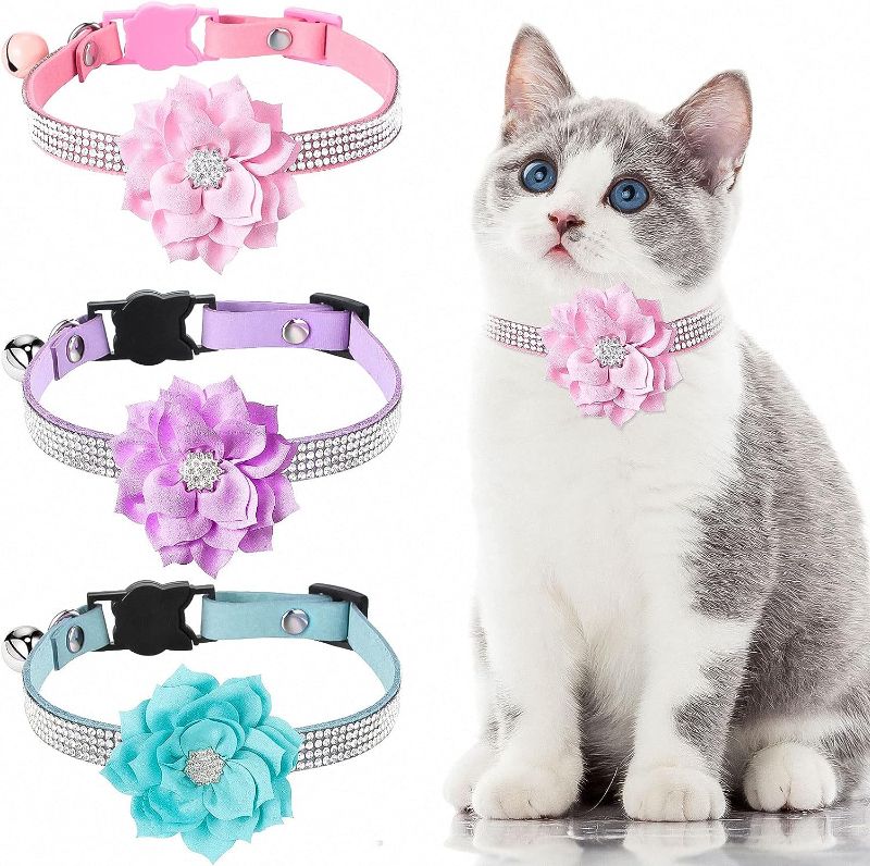 Photo 1 of 
3 Pcs Rhinestone Cat Collars for Girl Cats Bling Kitten and Flower Adjustable Breakaway Collar with Bell Soft Velvet Shine Collar for Small Dogs Puppy (Pink...