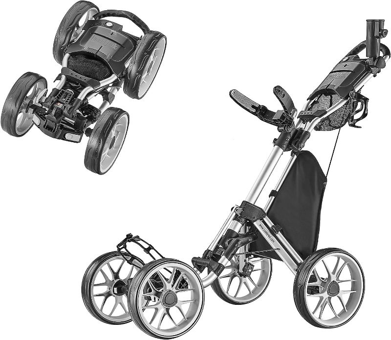 Photo 1 of CaddyTek 4 Wheel Golf Push Cart - Caddycruiser One Version 8 1-Click Folding Trolley - Lightweight, Compact Pull Caddy Cart, Easy to Open
