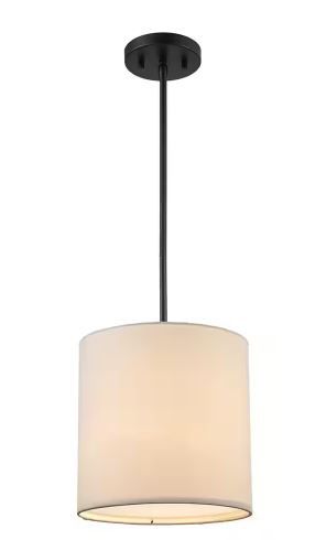 Photo 1 of 10 in. 1-Light Black Drum Pendant Light Fixture with Linen Shade
