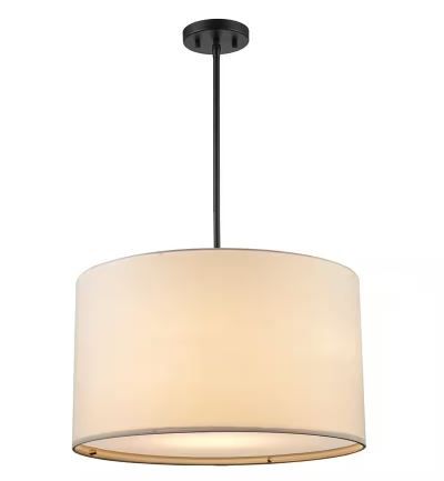 Photo 1 of 2-Light Black Hanging Pendant Light Fixture with Linen Drum Shade
