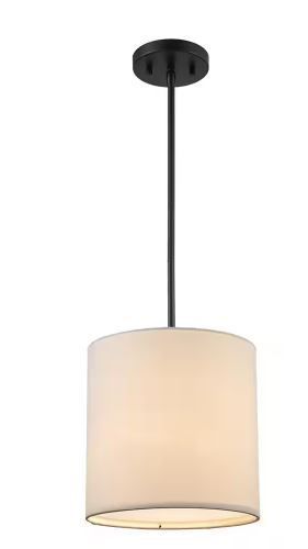 Photo 1 of 10 in. 1-Light Black Drum Pendant Light Fixture with Linen Shade
