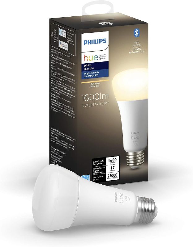 Photo 1 of Philips Hue White A21 High Lumen Smart Bulb, 1600 Lumens, Bluetooth & Zigbee compatible (Hue Hub Optional), Works with Alexa & Google Assistant,9 watts

