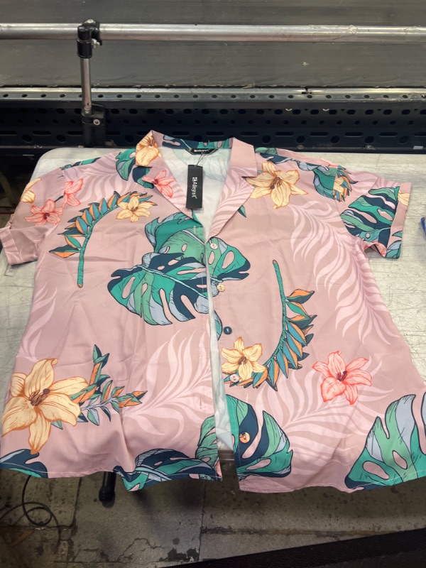 Photo 2 of Allegra K Women's Hawaiian Shirts Floral Top Leaves Printed Short Sleeve Tropical Button Down Shirt SIZE LARGE 