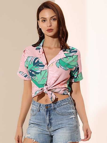 Photo 1 of Allegra K Women's Hawaiian Shirts Floral Top Leaves Printed Short Sleeve Tropical Button Down Shirt SIZE LARGE 