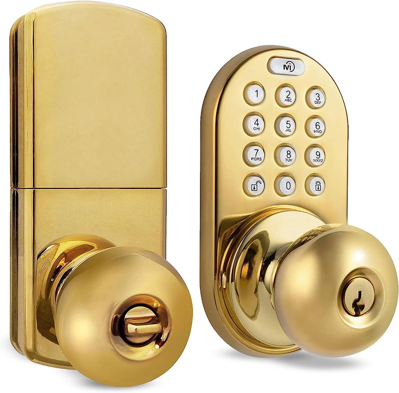 Photo 1 of  Digital Door Knob Handle Lock with Electronic Keypad - Keyless Entry Smart Door Lock with Adjustable Latch Locks, Audible Tones for Interior Front Doors & More, Polished Brass