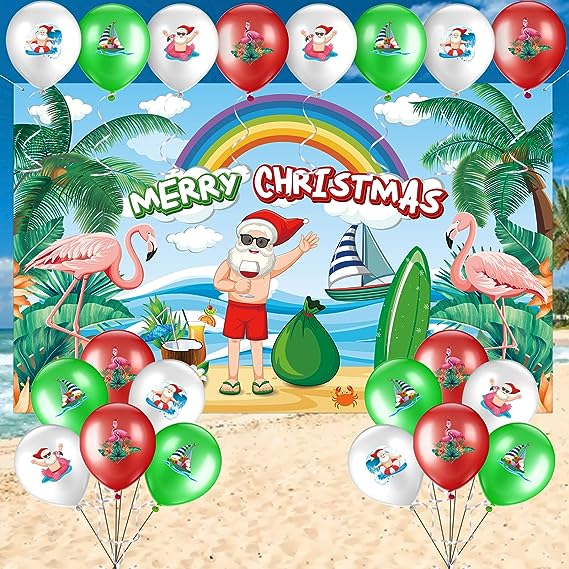 Photo 1 of 21 Pcs Christmas July Party Decoration Large Christmas July Banner Backdrop 12 Inch Latex Balloons Christmas Summer Tropical Santa Banner for Outdoors Party Supplies