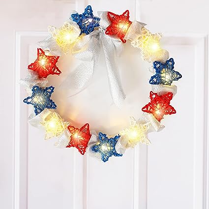 Photo 1 of 4th of July Decorations Wreath, Red White and Blue Wreath for Front Door, Patriotic Wreath with LED Lights Artificial Rattan Star Wreaths Memorial Day Independence Day Decor for Home Party Wall