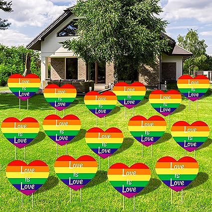 Photo 1 of 30 Pcs Gay Pride Yard Sign Decorations Rainbow Heart Lawn Signs 12 x 9.6 Inch Outdoor Waterproof Colorful Yard Lawn Spotted Rainbow Yard Signs with 60 Pcs Plastic Fiber Rods