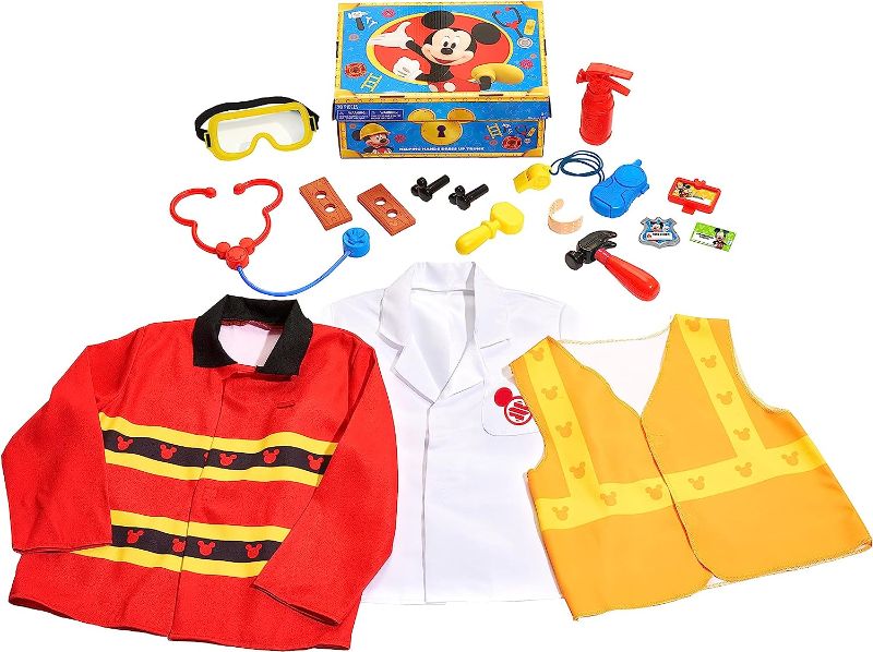 Photo 1 of Disney Junior Mickey Mouse Helping Hands Dress Up Trunk, 19 Piece Pretend Play Set with Storage, Size 4-6X, Amazon Exclusive, by Just Play
