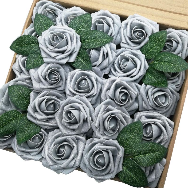 Photo 1 of Breeze Talk Artificial Flowers 50pcs Silver Roses Realistic Fake Roses w/Stem for DIY Wedding Bouquets Centerpieces Arrangements Party Baby Shower Home Decorations

