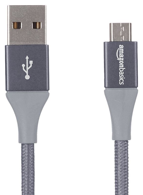 Photo 1 of Amazon Basics Micro USB to USB-A 2.0 Cable, Nylon Braided Cord, 480Mbps Transfer Speed, Gold-Plated, 10 Foot, Dark Gray Dark Grey 10 Feet