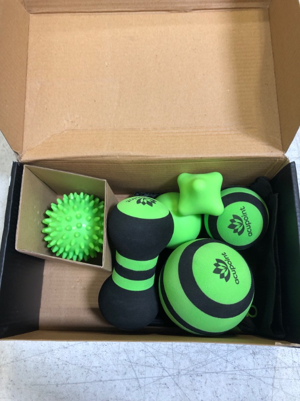 Photo 2 of Acupoint Massage Ball Set 6 Physical Therapy Balls for Post Workout Deep Tissue Trigger Point Myofascial Release Lacrosse Ball Peanut Ball Spiky Ball Hand Therapy Ball Lg & Sm Foam Balls (Green)